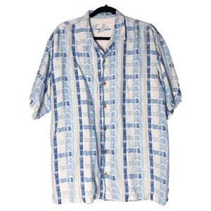 Tommy Bahama Camp Shirt Silk Linen Blend Short Sleeve Blue Cream Patterns Large